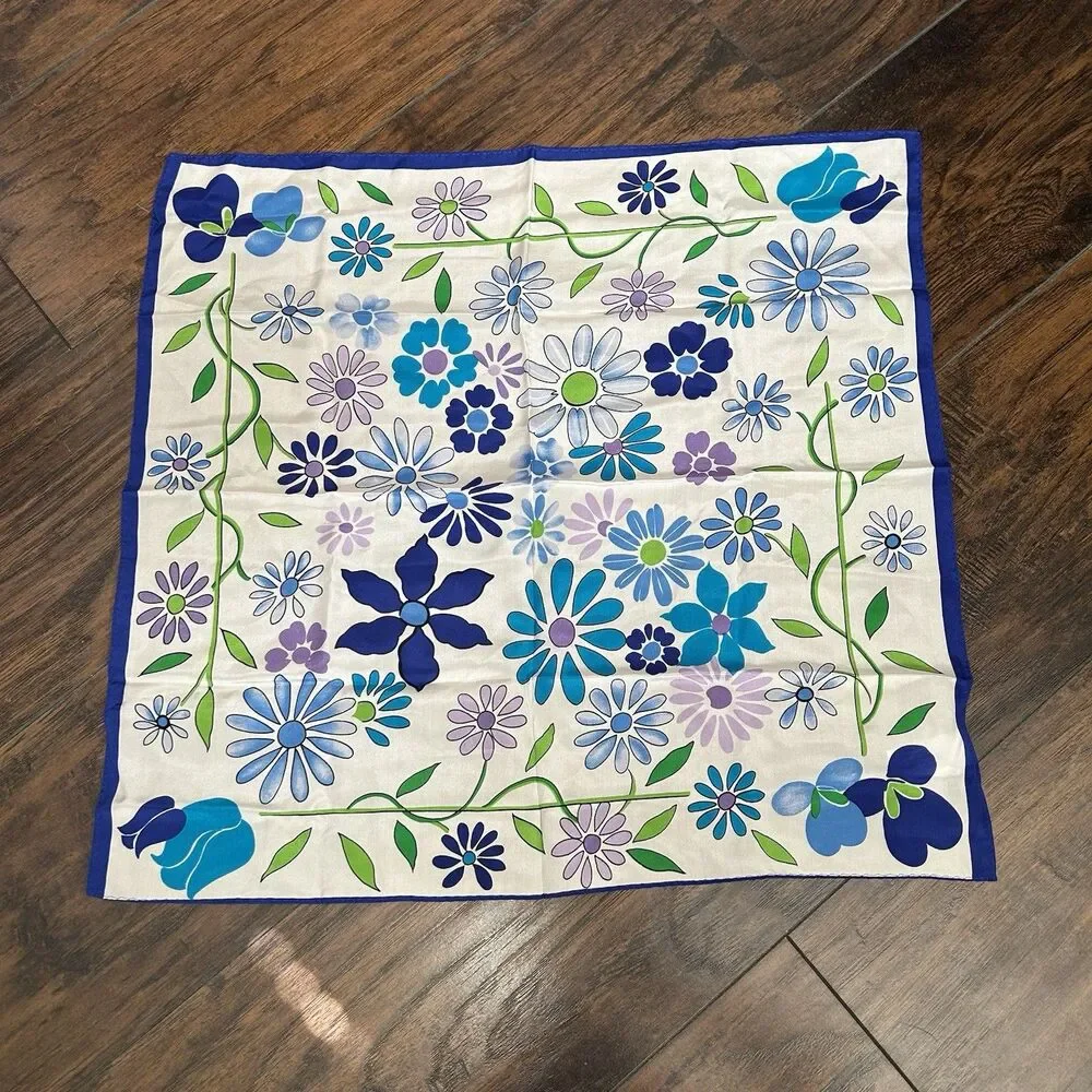 Vintage 100% Silk Floral Scarf Beautiful Vibrant Floral Flowers Blue Retro